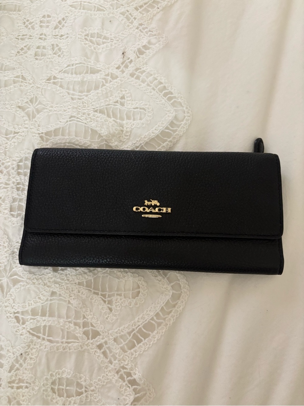 Coach Black Pebbled Leather Continental Wallet with Gold Logo